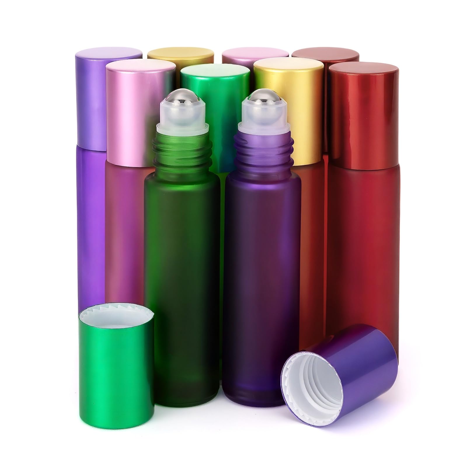 Pxyelec Essential Oil Roller Bottles Set, 10 Pack 5 Color 10 ML (1/3 OZ) Colored Frosted Oil Bottle with Stainless Steel Roller Balls for Samples Perfume Liquid