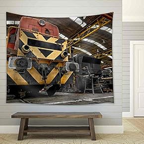 Freight Train Parking in a Garage - Fabric Wall Tapestry Home Decor - 51x60 inches