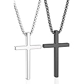 Romass 2 Pcs Cross Necklace for Men Boys,Stainless Steel Pendant Silver Black Gold Crosses Chain Jewelry Gifts Box 16-30 inches