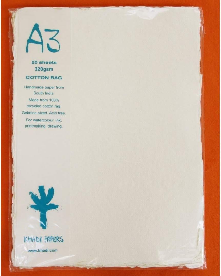 Khadi Papers Watercolour & Drawing Paper Polypack of 20 Sheets - 320 GSM - Rough Texture - Size: A3 - Colour: White