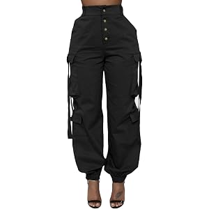 NATTEMAID Women's Casual Plus Size Loose Elastic Buttons Down Cargo Pants Trousers with Tie Pockets
