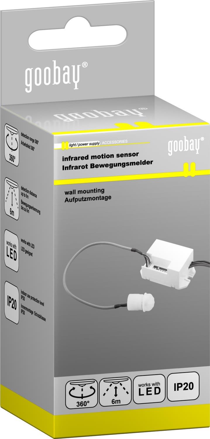 goobay 96006 Mini Infrared Motion Sensor Indoor — Miniature Design for Almost Invisible Flush Mount (UP) Installation — 360° Detection Range — Range 6m - White