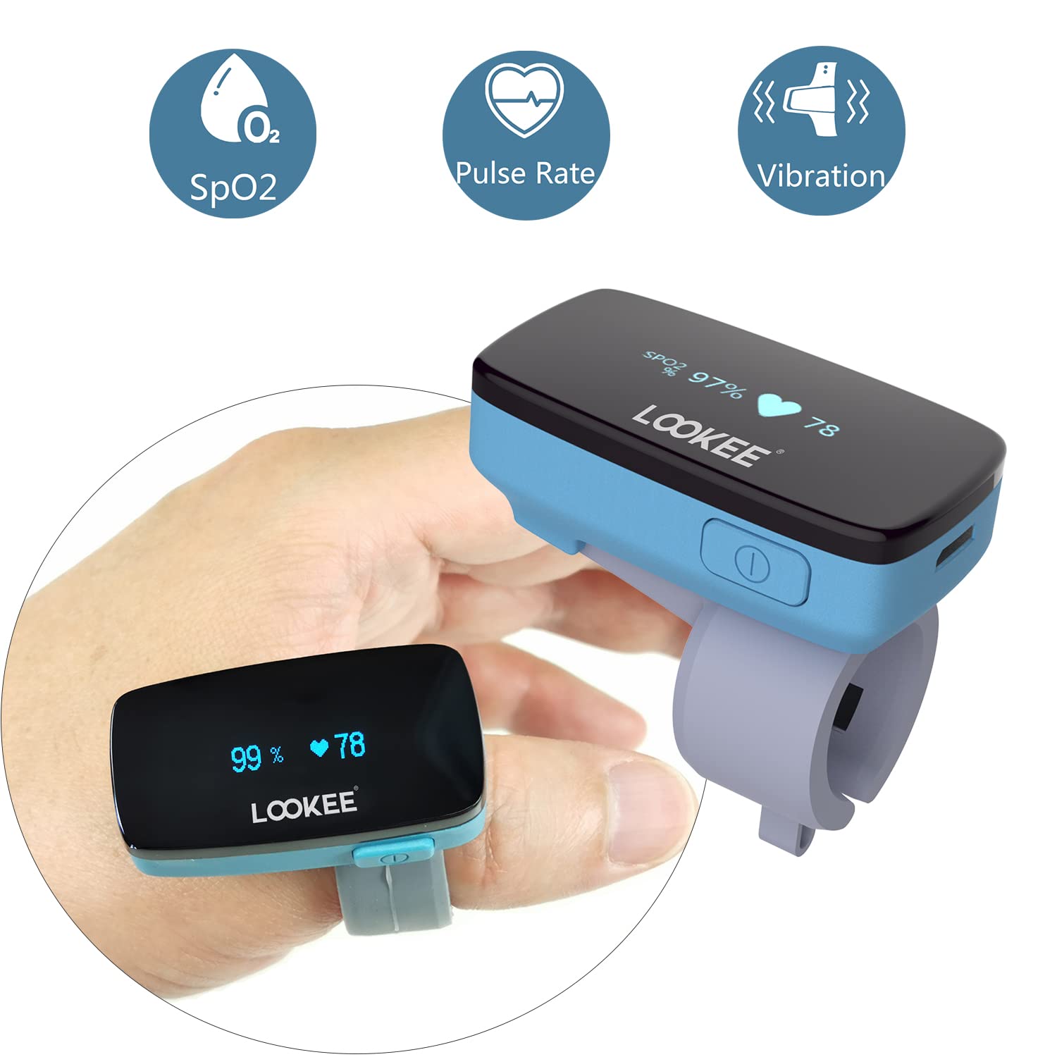 LOOKEE Ring-Pro Wearable Oxygen Monitor with Vibration Reminder for Low O2 - Continuous Pulse Oximeter -Rechargeable Blood Oxygen Saturation Tracker for SpO2 & PR - Free APP & PC Reports