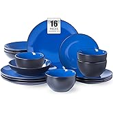 Plates and Bowls Sets for 4 - CJDC-QUELO 16-Piece Stoneware Dinnerware Sets, Ceramic Dishware Set for Indoor Kitchen Use and Formal Dining, Chip and Scratch Resistant Microwave Dishwasher Safe, Blue