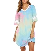 Ekouaer Nightgowns for Women Cotton Night Gown Short Sleeve Sleepwear V Neck Color Block Sleep Shirts Ladies Night Shirts