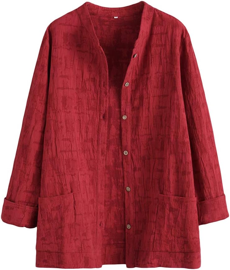 Women's Linen Shirts Blouse Long Sleeve Button Down Cotton Tunic Shirts