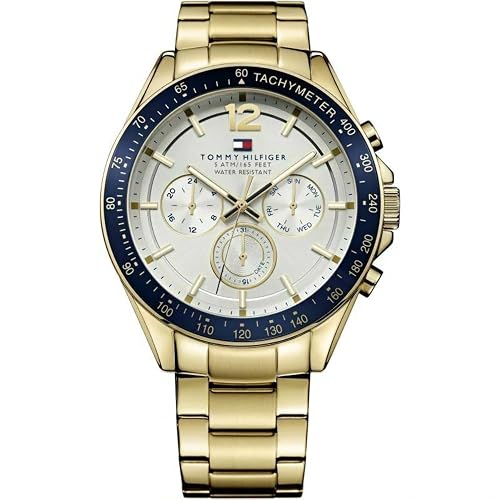 Tommy Hilfiger Men's 48mm Multifunction Quartz Watch - Gold Stainless Steel Bracelet, Silver White Dial, 3 Sub-Dials, 5ATM Water Resistant - 1791121
