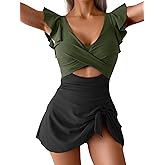 Aidonger One Piece Swimdress Swimsuit for Women Tummy Control Ruffle Swim Dress Skirt V Neck Cutout Wrap Bathing Suit