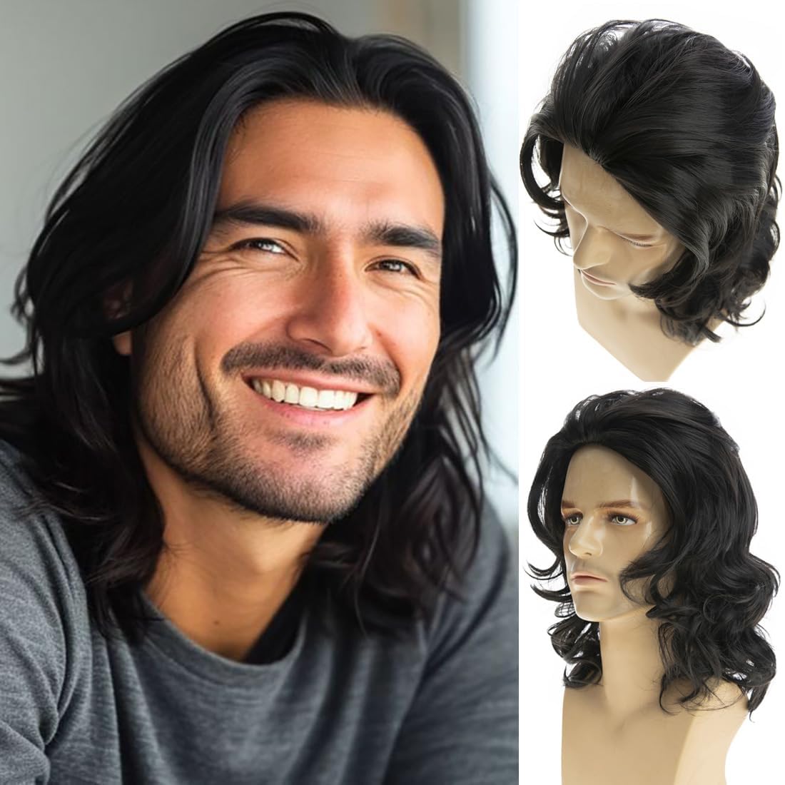 Qnbiar Long Wavy Black Wigs for Men Natural Layered Rocker Cosplay Hair Wig — image 1