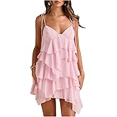 Floerns Women's Cocktail Tie Shoulder Mini Dress Sleeveless Layered Ruffle Cami Sundress