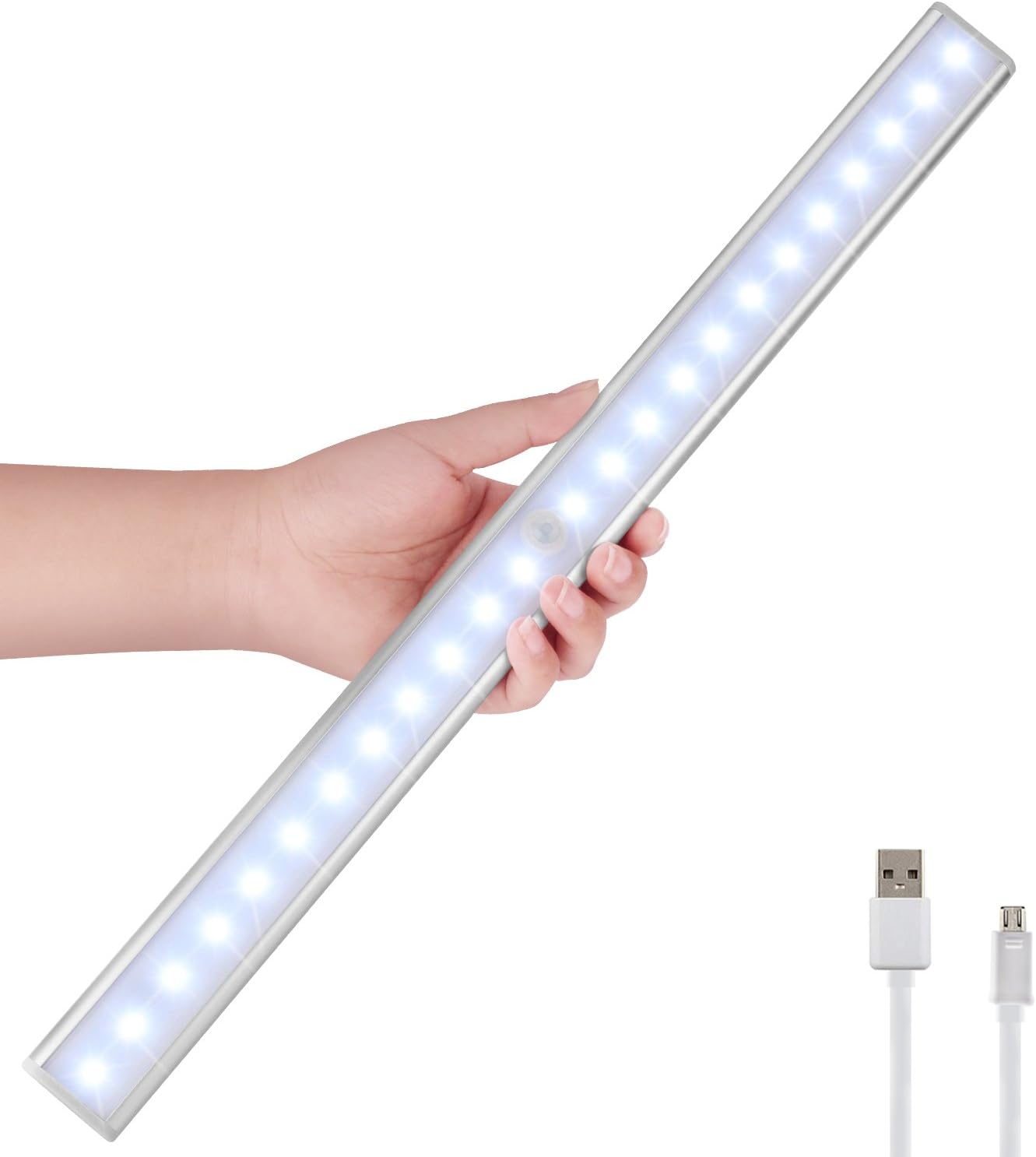 Motion Sensor Wardrobe Light, 24 LED USB Rechargeable Cabinet Strip Light Portable Wireless PIR Motion Sensor Light Bar Night Light with Magnetic Strip Stick-on Closet Cabinet Wardrobe Stairs
