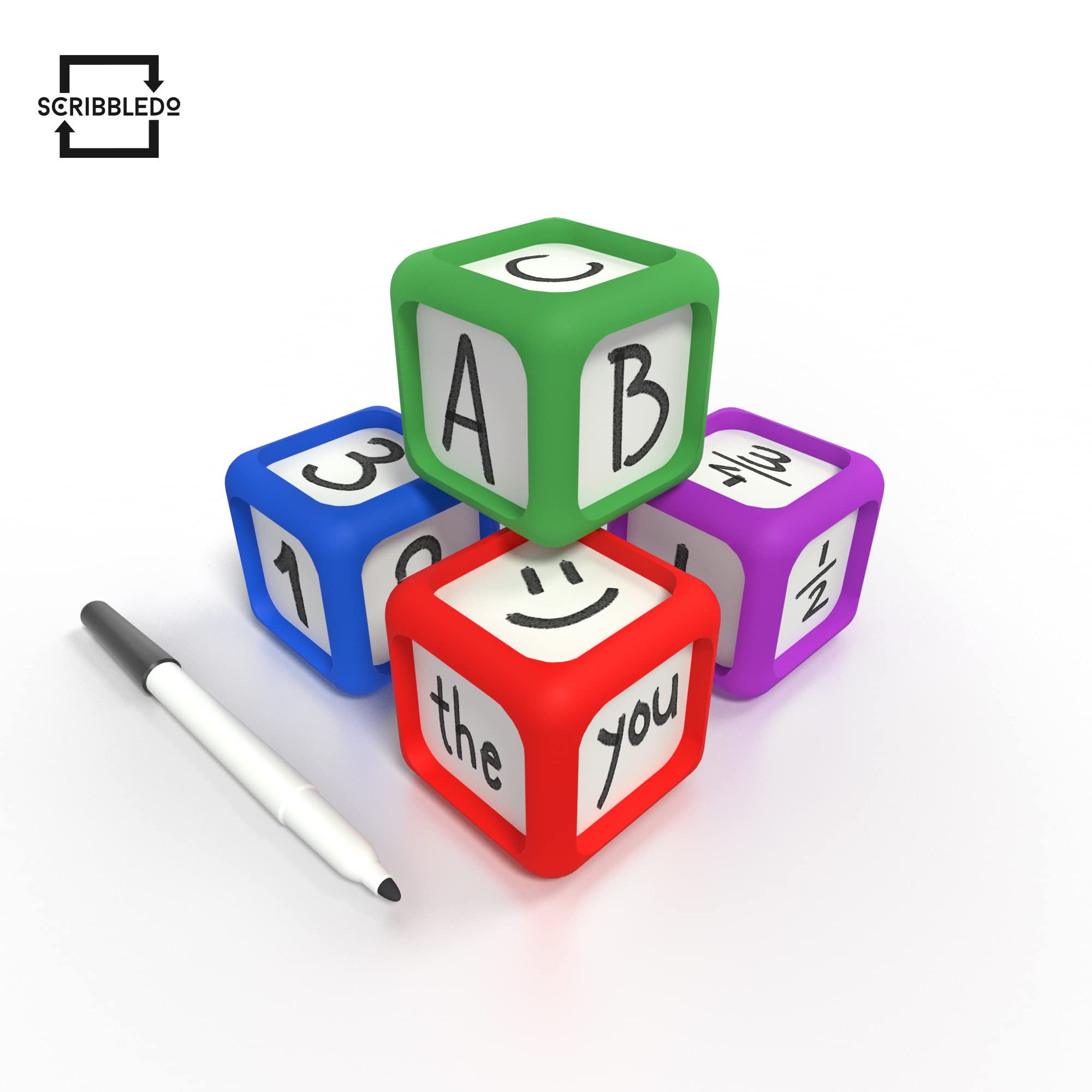 Scribbledo Dry Erase Dice Set of 4-2x2 inches Multipurpose Colorful Write On Wipe Off Dry Erase Blocks Blank Pocket Dice to Draw Letters Numbers and Much More Educational Classroom Supplies for Kids