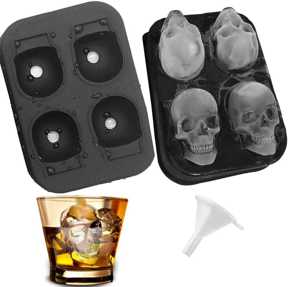 Skull Ice Cube Mold, 3D Flexible Ice Cube trays with Funnel