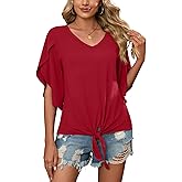SUEANI Women's Tie Front Blouses V Neck 3/4 Split Sleeve Summer Knot Tops T Shirts