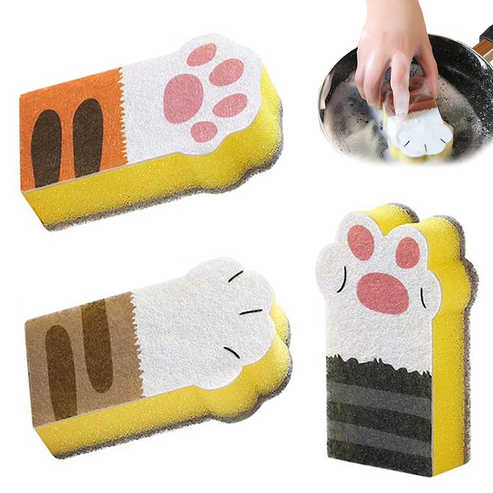 3 Pcs Sponge Brush Cat Claw-Shaped Cleaning Sponges Block Thickening Decontamination Kitchen Brush Sponges Cute Household Cat Claw Sponge Wipe for Kitchen