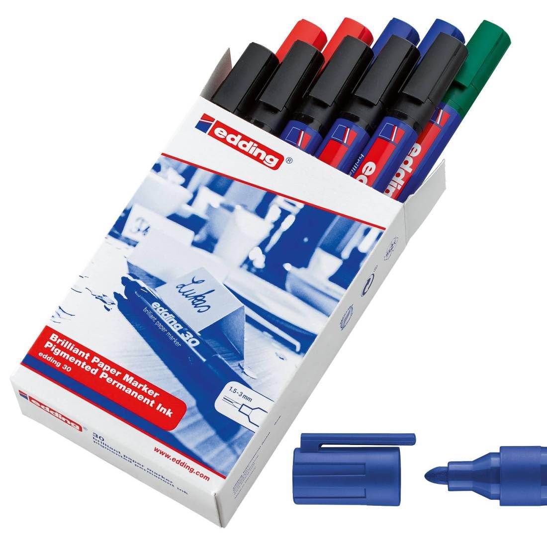 edding 30 brilliant paper marker - multi-coloured - 10 waterproof permanent markers - round nib 1.5-3 mm - vibrant colours - lightfast marking on paper, card, cardboard, plastic, metal and glass