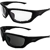 Epoch Eyewear Foam-3 Padded Motorcycle Sunglasses 2 Pair Black Frames with Smoke Lens & Clear Lenses