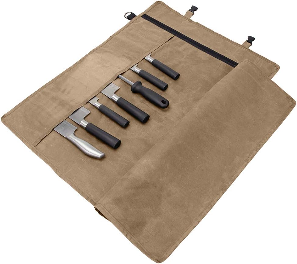 Chefs Knife Bag(11 Slots), Knife Roll for Kitchen Knife Tools Up To 18.8”, Heavy Duty Waxed Canvas Japanese Knife Set Case, Portable Travel Tool Roll Pouch for Meat Cleaver, Knife Sharpener: Kitchen & Dining