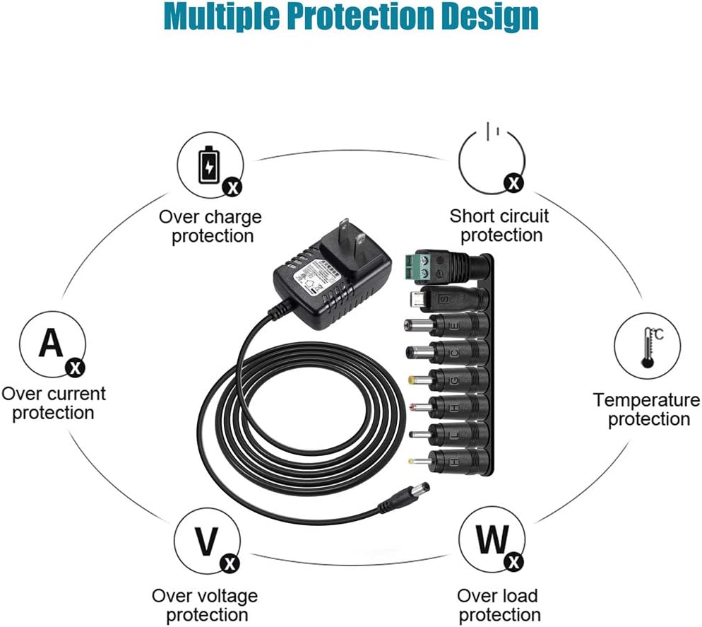 SoulBay 12V 1A AC Adapter Charger Replacement w/8 Tips, Regulated Power Supply Cord for LED Strip Light, CCTV Camera, BT Speaker, GPS, Webcam, Router, DC12V Transformer with ETL Certificate: Home Audio & Theater