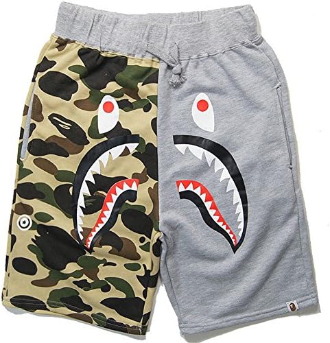 Shark Pattern Camouflage Stitching Shorts Men Drawstring Black Sports Shorts