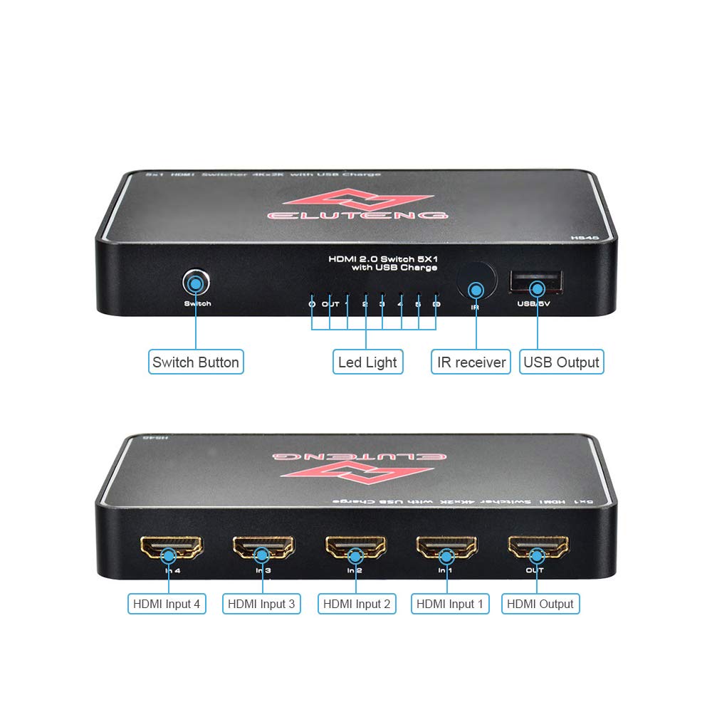 ELUTENG 4K 60Hz HDMI Switch 5x1 Ports HDMI Switcher 5 in 1 out HDMI 2.0 Splitter Switcher Support HDCP 2.2 Manual HDMI Switch with IR Remote Control Compitable for PS4 DVD HDTV PC TV Box Projector etc