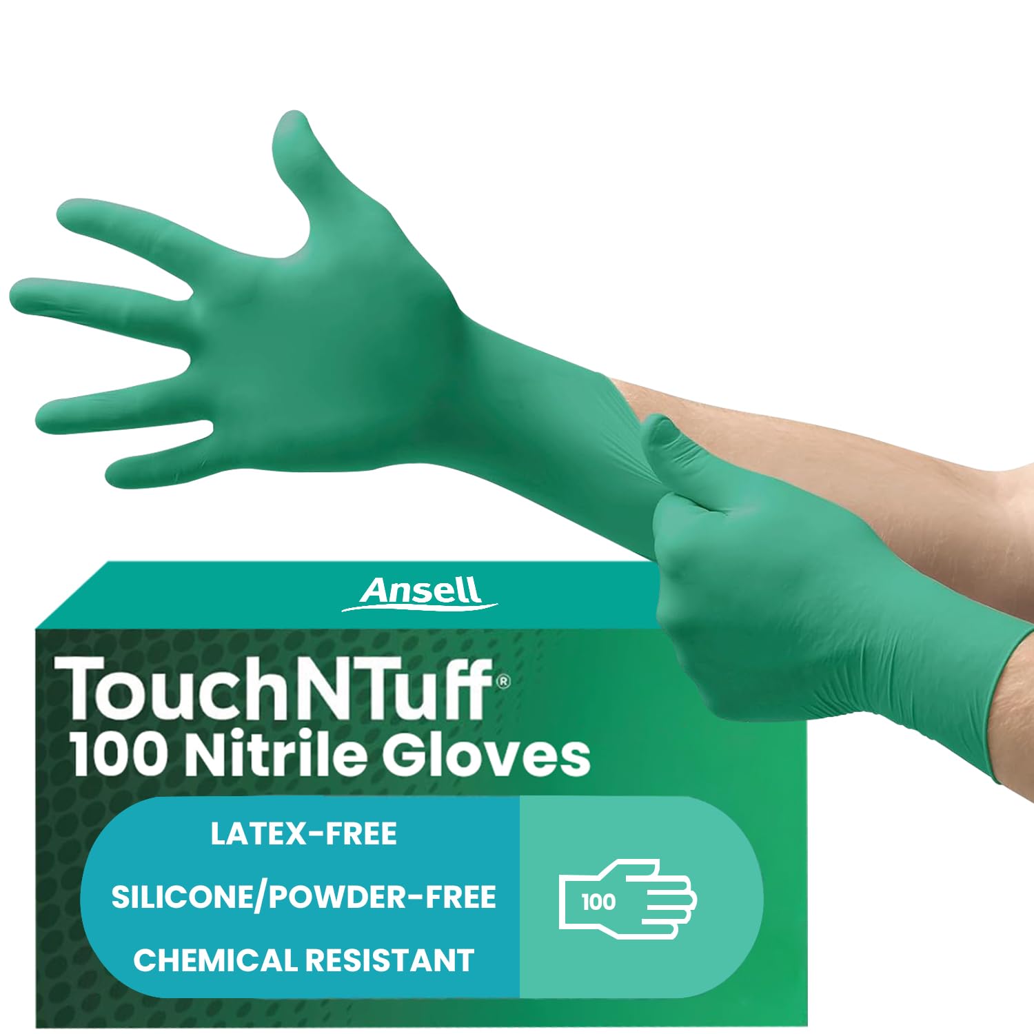 Ansell TouchNTuff 92-605 Disposable Nitrile Gloves, Powder-Free and Food Certified, High Chemical Resistance and Mechanical Protection, Green, Size S (100 Gloves)