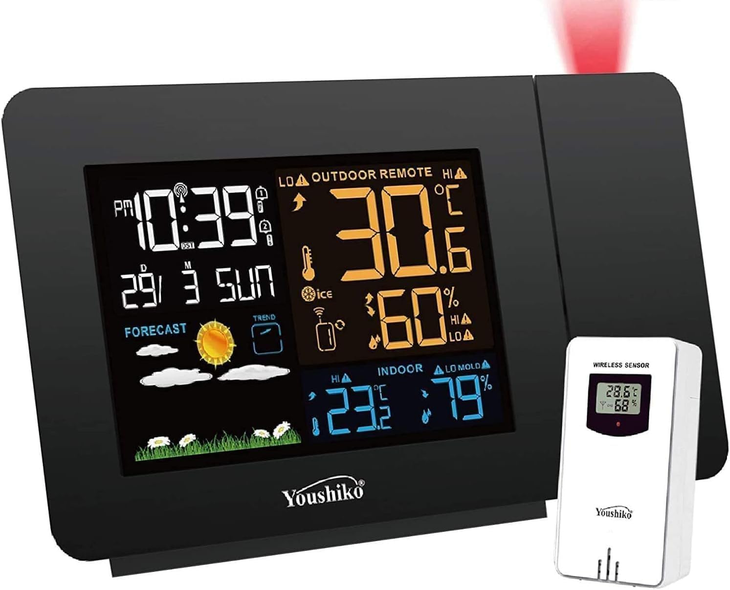 Radio Control (Official 2026 MSF UK Version) Projection Alarm Clock Outdoor Sensor, Weather Station, Bedroom Projector Dimmable Clock Dual Alarms LCD Display Date Time Temperature Humidity