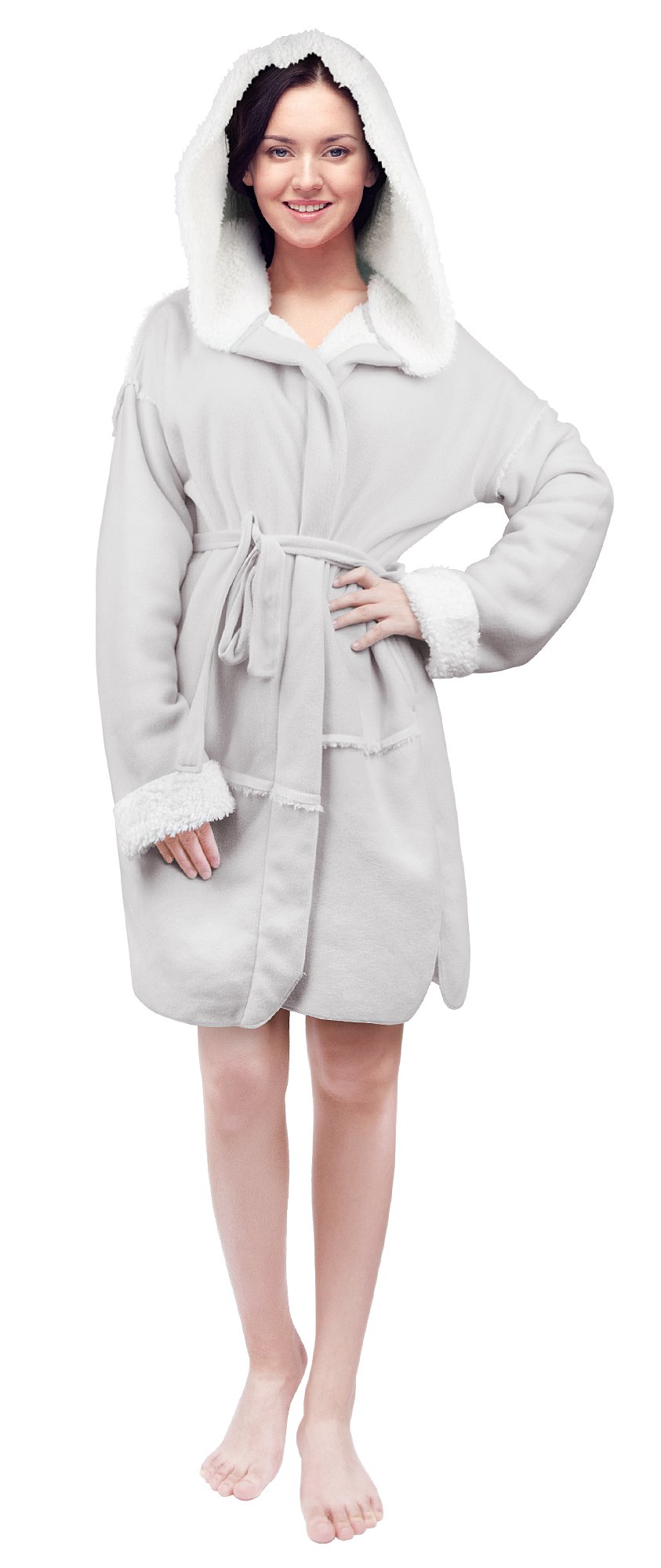 Tirrinia Womens Short Sherpa Robe Plush Hooded Bathrobe With Pockets Pajama Gey