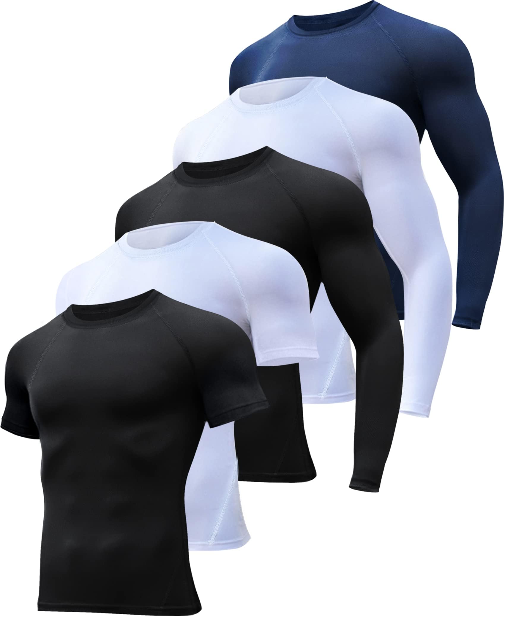 Photo 1 of HOPLYNN 5 Pack Workout Compression Shirts Men Long/Short Sleeve Rash Guard Athletic Undershirt Gear T Shirt for Sports 2 Black 2 White 1 Blue M