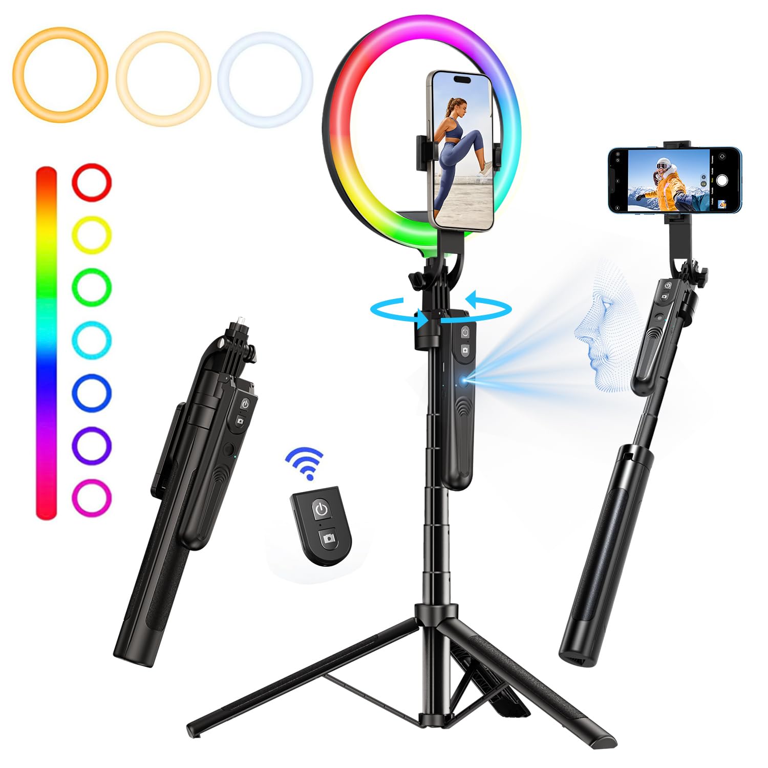 Photo 1 of Auto Face Tracking 360 Rotation with 10" RGB Ring Light, Phone Tripod & Selfie Stick with Remote for Cell Phone 4"-7", Motion Sensor for Live Stream Vlog Video Recording