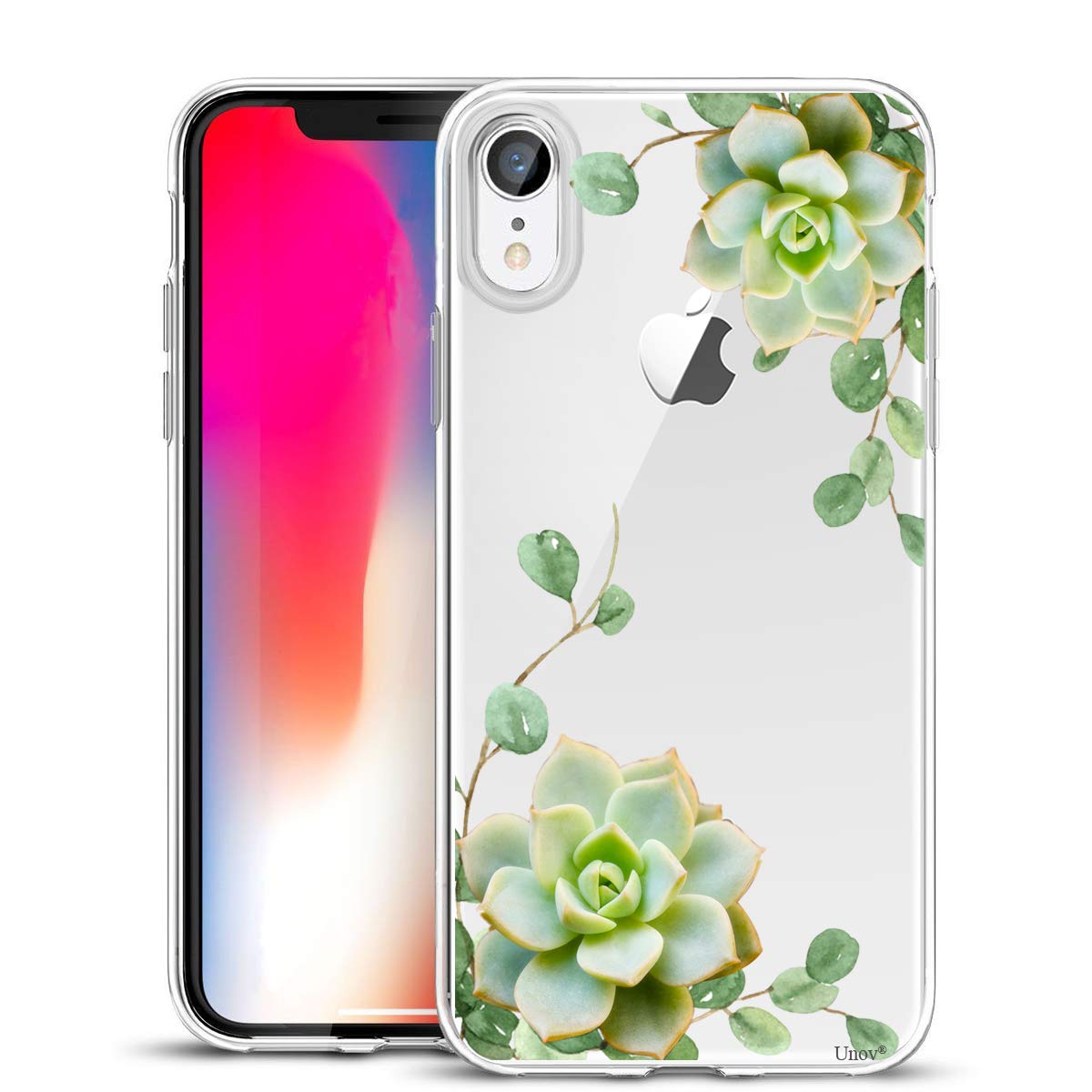 Unov Case Compatible with iPhone XR Case Clear with Design Slim Protective Soft TPU Bumper Embossed Pattern 6.1 Inch (Succulent Plant)