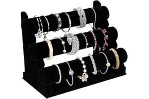 OSPNIEEK Velvet Bracelet Holder with 3 Tier Rack, Black Detachable Jewelry Display Stand T-Bar Necklace Storage Organizer for