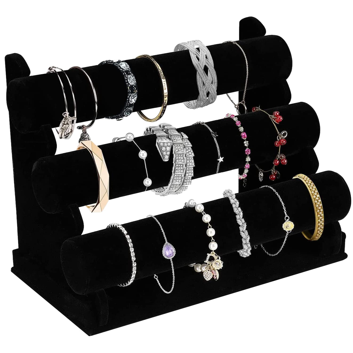 Barelove Jewelry Stand Display 1 Tier, Black Velvet T-Bar Bracelet Watch Bangle Necklace Holder Organizer For Women Girls Men Home Organizer Or Store Display