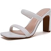 Coutgo Womens Square Open Toe Heeled Sandals Two Strap High Heel Backless Dress Slip On Mules