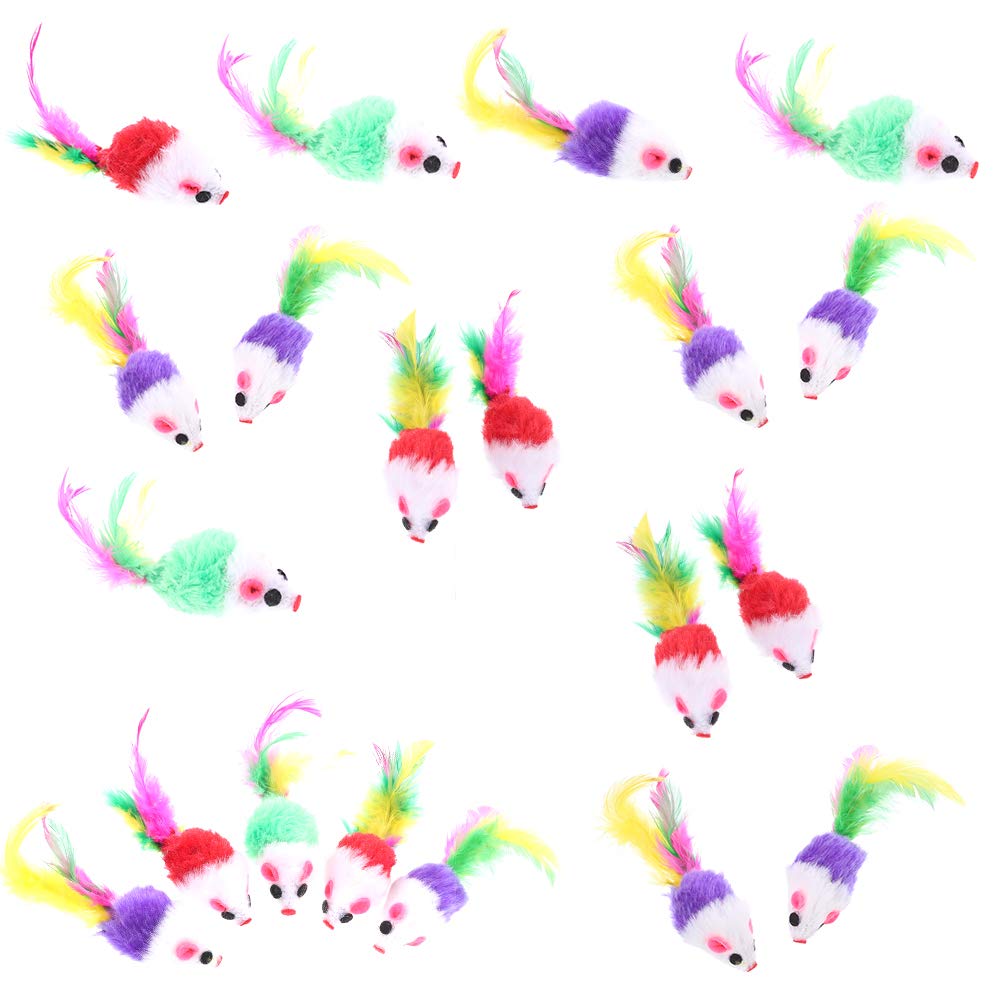 falllea Pack of 20 Furry Kitten Mice Cat Toy Mouse Rattle Mouse Toy Cat Catcher Pet Toy with Feather Tails for Cats Fun Play