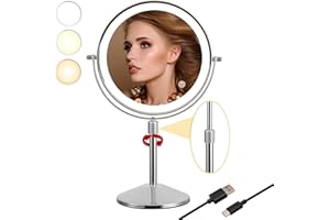 TUSHENGTU Makeup Vanity Mirror 8"with Lights, 10X/ 1X Magnifying with Lights LED Rechargeable, Lighted Makeup Mirror with Magnification, 360° Rotating Height Adjustable Makeup Mirror, 3 Colors with Double Sided