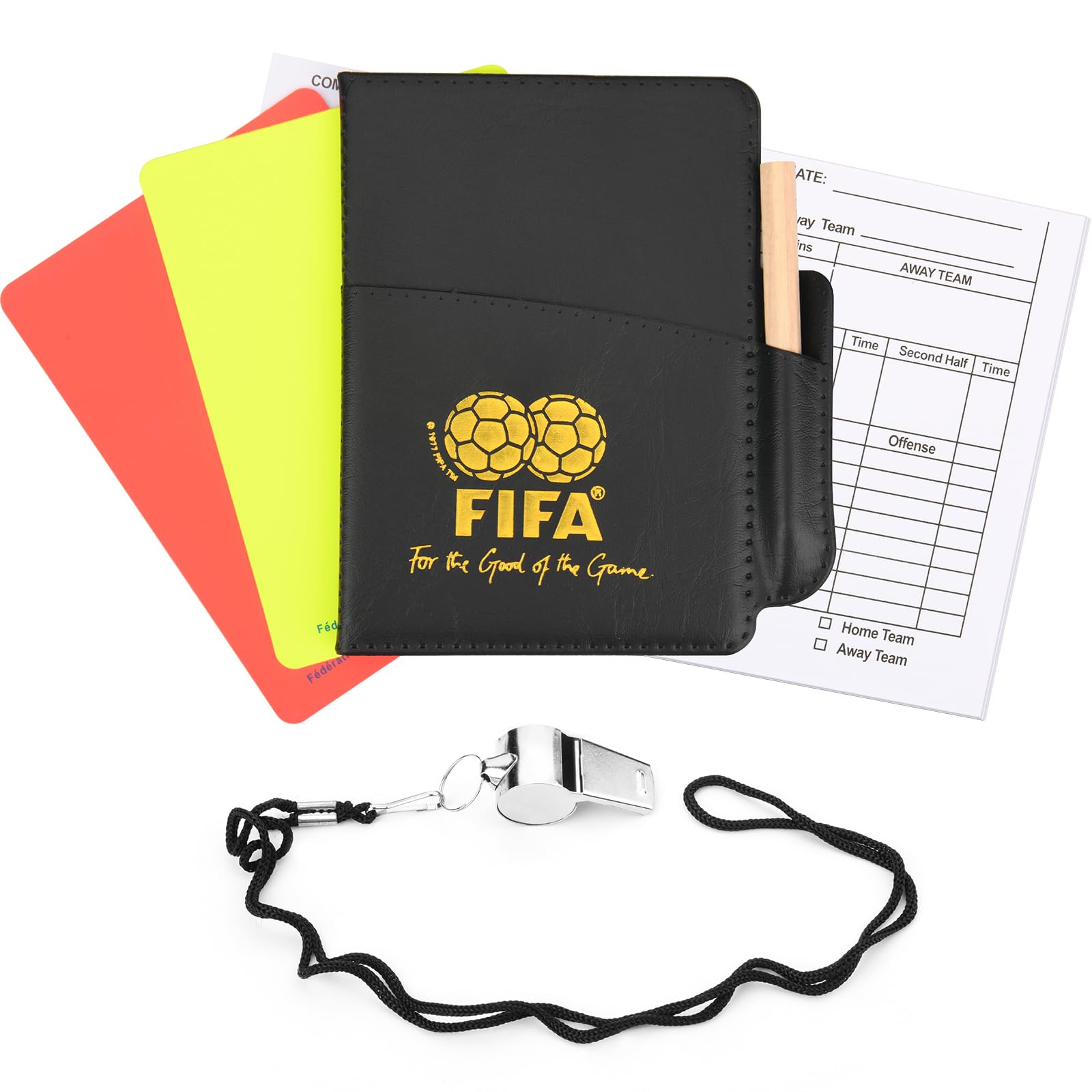 Photo 1 of Cosmos Soccer Referee Card Set Red Card Yellow Card Wallet Set with Metal Referee Whistle & Score Sheets, Soccer Referee Accessories Kit for Soccer Football Match Sports Game, Random Rope Color.