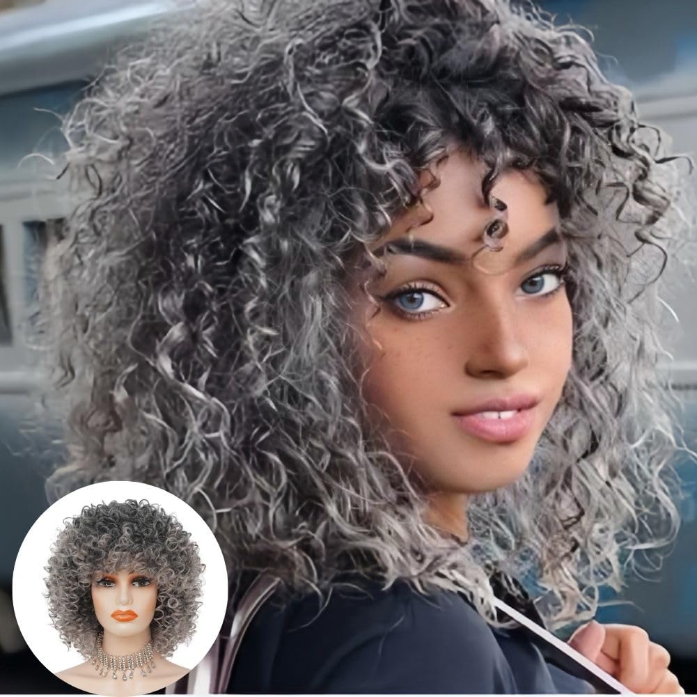 Siudus Grey Short Curly Wig for Black Women 70s 80s Afro Synthetic Kinky Curly Wig with Dark Roots for Daily Party Use
