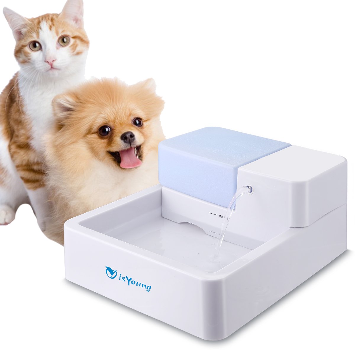isYoung Cat Water Dispenser, Pet Fountain Ultra Quiet Drinking for Cats and Dogs 1.8L Water Capacity with Activated Carbon Filter and LED Lighting