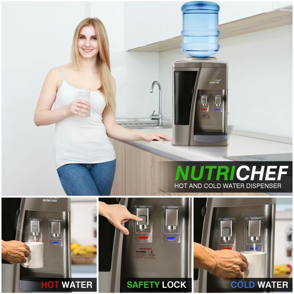 Nutrichef Countertop Water Cooler Dispenser - Hot & Cold Water, with Child Safety Lock, Black-Chrome: Kitchen & Dining
