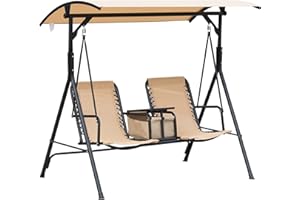 Outsunny 2-Seat Patio Swing Chair, Outdoor Canopy Swing Glider with Pivot Storage Table, Cup Holder, Adjustable Shade, Bungie Seat Suspension and Weather Resistant Steel Frame, Beige