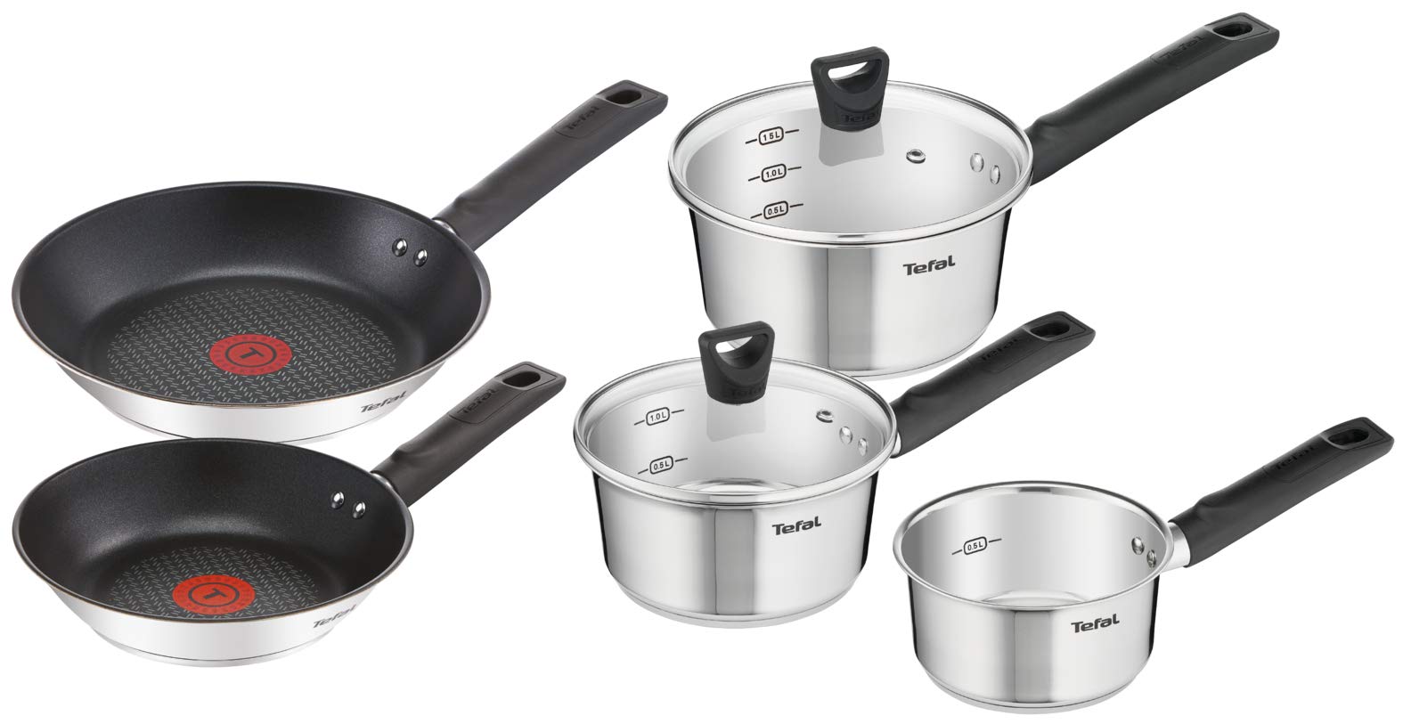 Simpleo Stainless Steel, 5 Piece Pots and Pans Set, 14 cm Milkpan, 16cm/18cm Saucepans with Lids, 20/24cm Frying Pans, B906S544