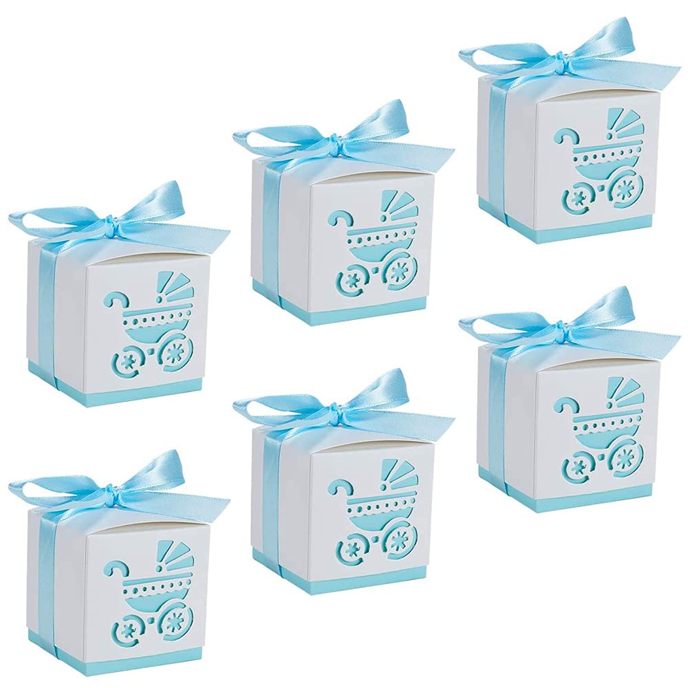 50 Pcs Wedding Favour Boxes,Ribbon Candy Gift Box,Baby Baptism Candy Boxes,Hollow Baby Candy Box,Baby Shower Favour Box,Comes With Ribbons,Suitable For Baby Showers,Birthday Parties (Blue)