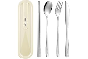 INKULEER Travel cutlery set, 18/8 stainless steel cutlery, Reusable utensils set with case, Portable Silverware Lunch Box for Camping and Office-Stainless steel