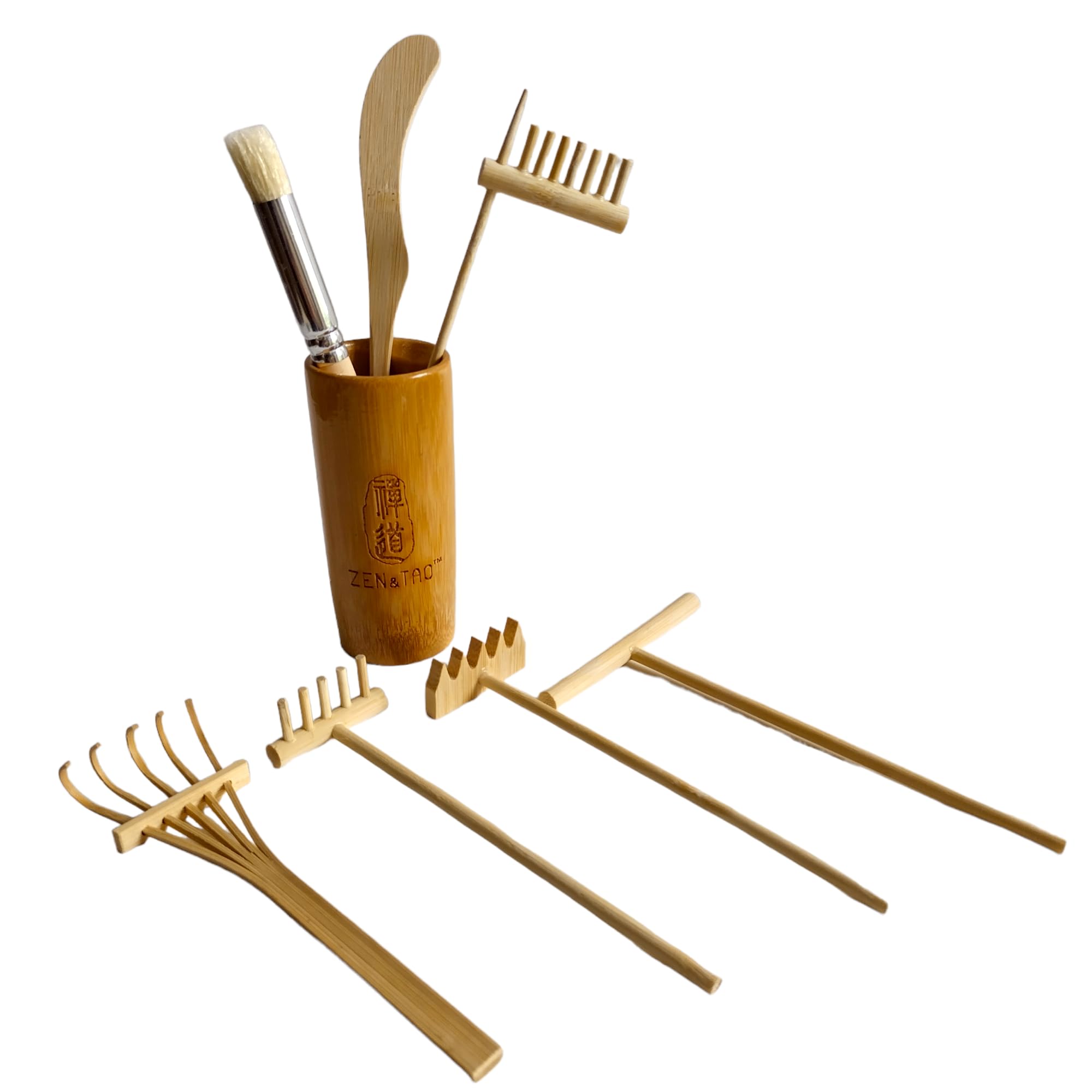 ZEN&TAO Natural Bamboo/Wood Made Miniature Seven-Pieces Zen Garden Toolset Accessories with a Signature Bamboo Holder for Meditation, Relaxation or Gift