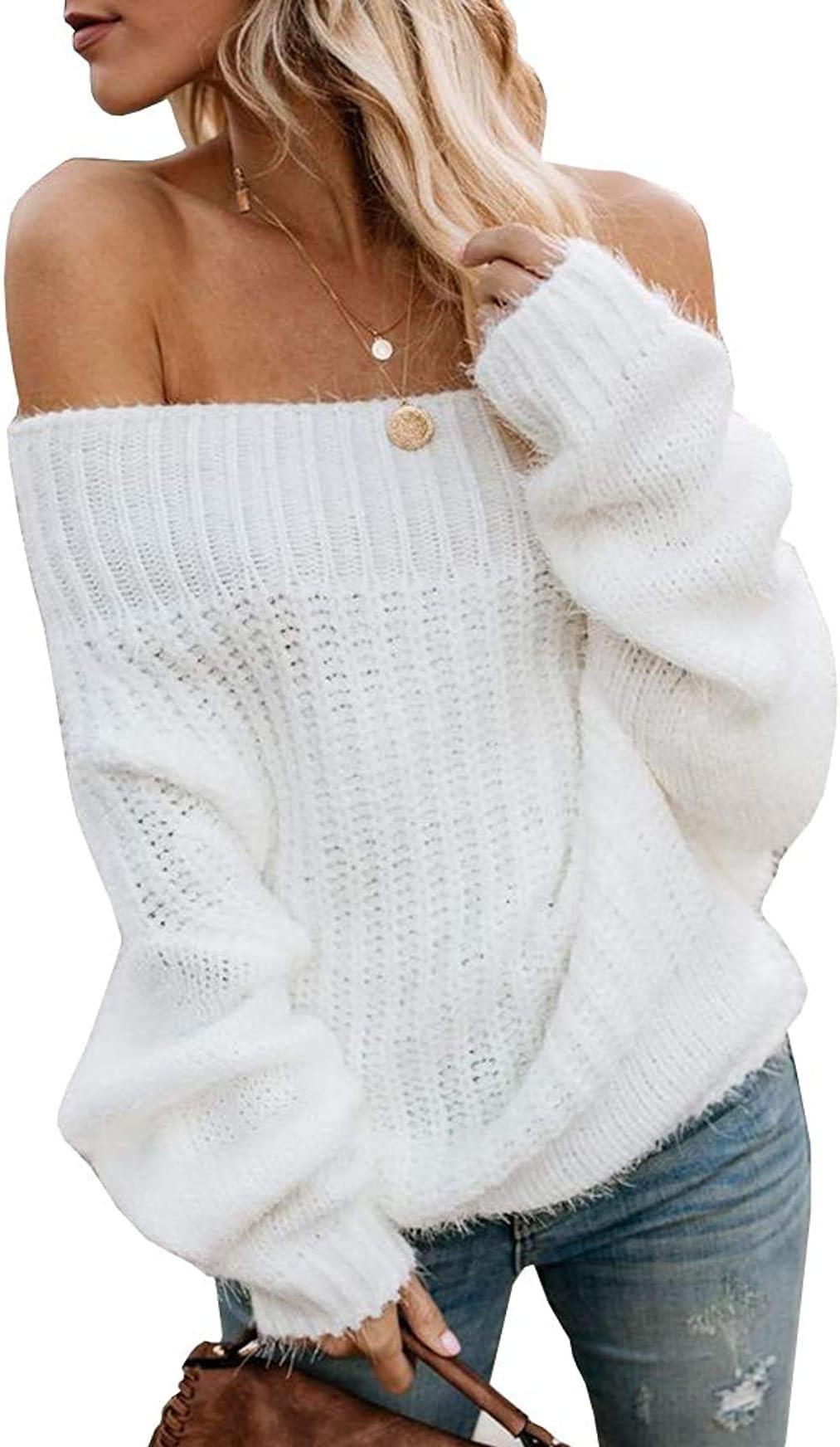Womens Sexy V Neck Pullover Sweaters Oversized Off Shoulder Chunky Knit Jumpers