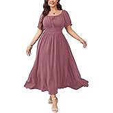 SHESTARR Women's Plus Size Maxi Dress Short Sleeve Smocked Square Neck Tie Front Split A-Line Flowy Long Dresses
