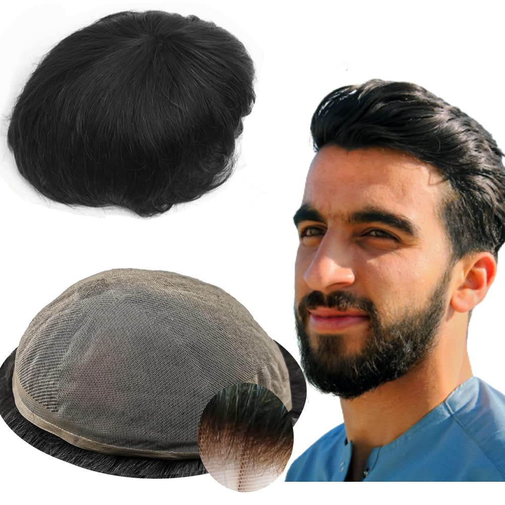 YANAHAIR Toupee for Men - Real Human Hair Replacement System - Fine French Lace Hairpiece - Customizable Hair Units - Natural-Looking Hair Pieces - Hair Prosthesis - #1B Off Black - 8x10