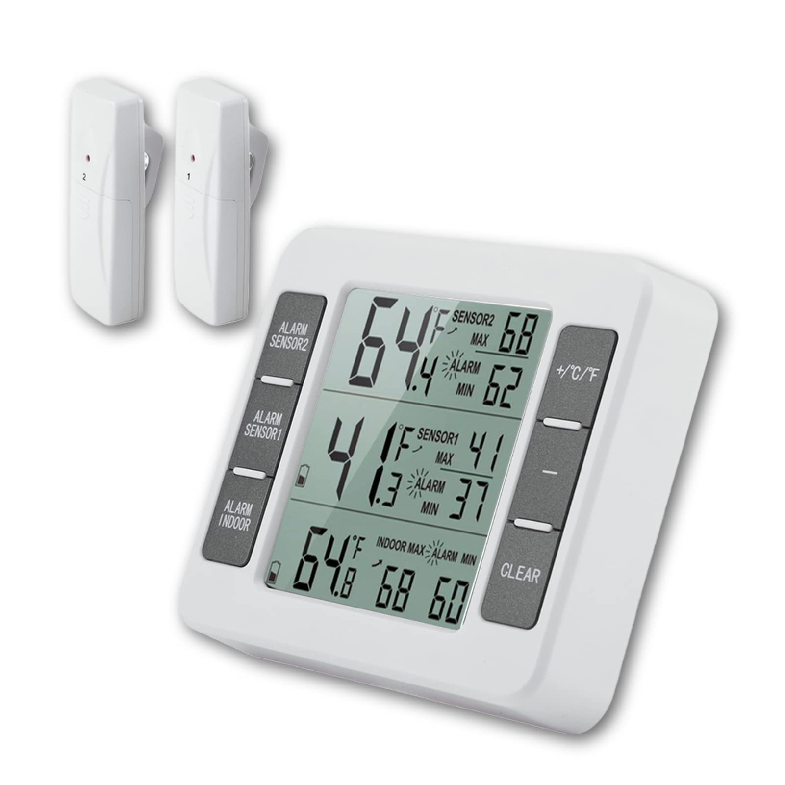 Digital Refrigerater Therometer, Wireless Digital Audible Alarm Fridge Freezer Thermometer with 2PCS Sensor Min/Max Display.