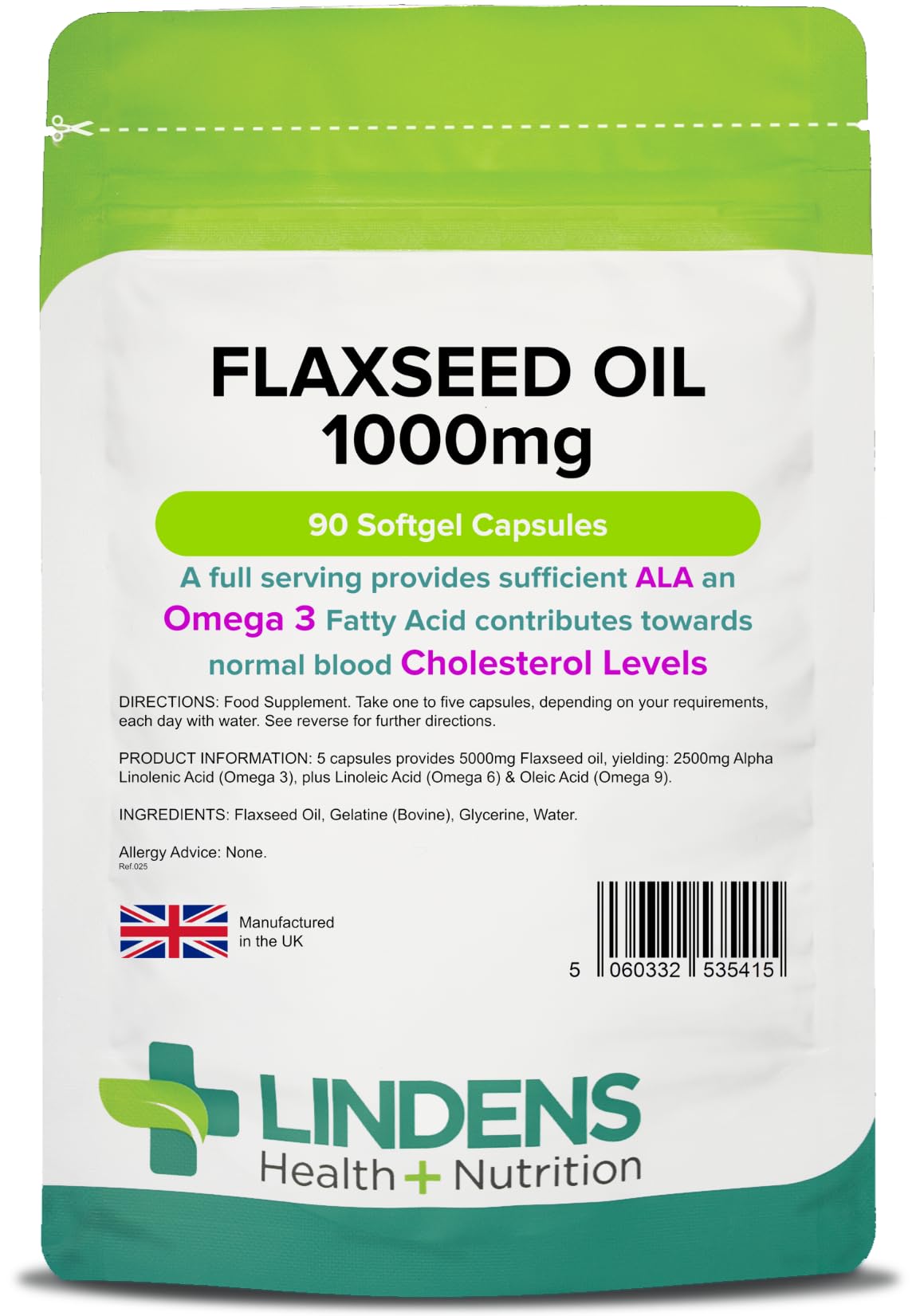 Lindens - Flaxseed Oil 1000mg - 90 Capsules - UK Made - Source of Omega 3 6 9, High in Alpha Linoleic Acid (ALA), Maintenance of Normal Blood Cholesterol Level, Fish Oil Alternative,Letterbox Friendly